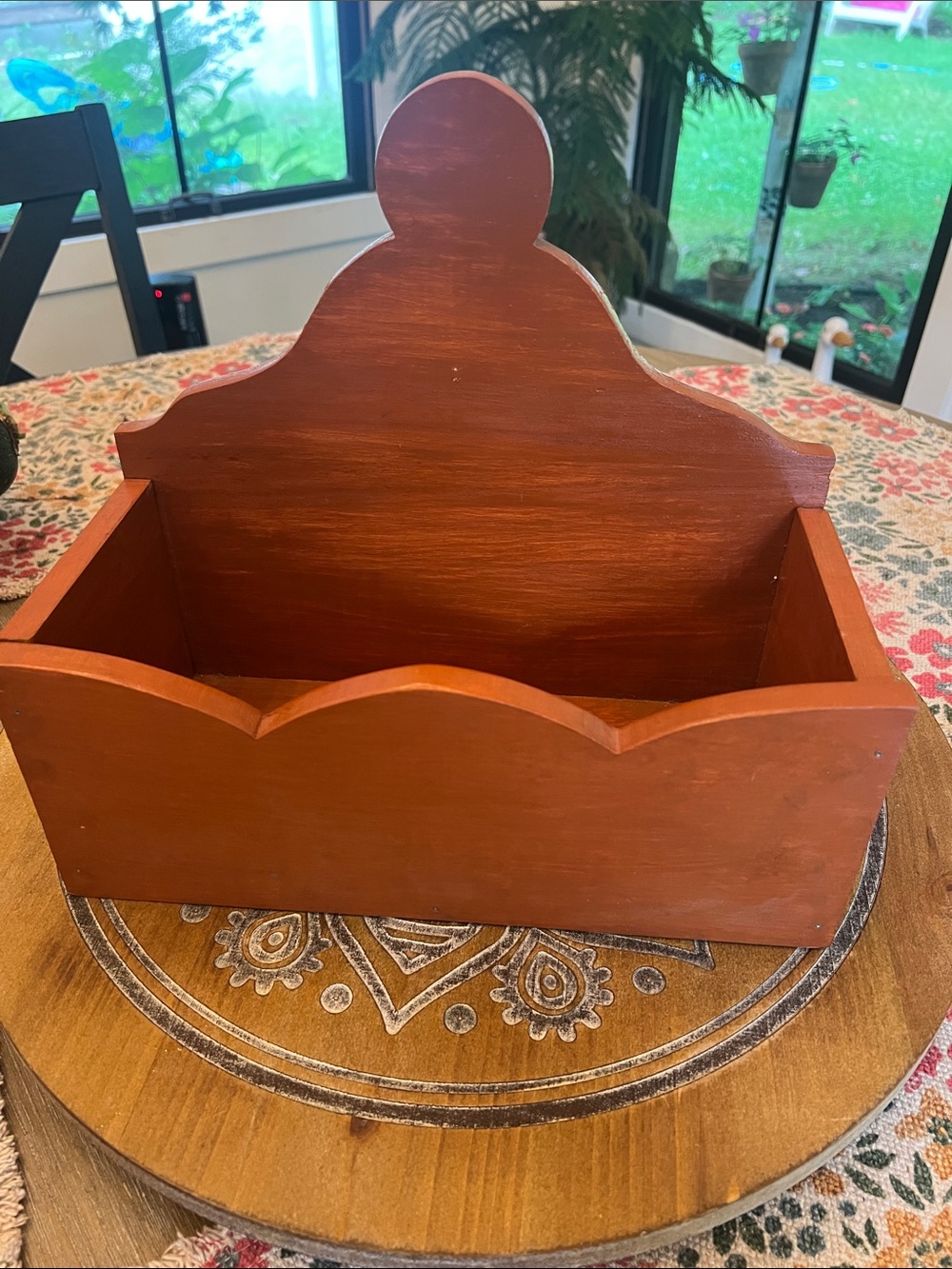 Handcrafted Wooden Scalloped Wall or Table Organizer Box in Rustic Red/Brown.
